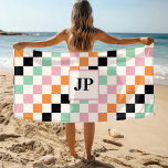 Monogram Retro Chequerboard Custom Monogrammed Beach Towel<br><div class="desc">Monogram Retro Chequerboard Custom Monogrammed Beach Towels features a colourful chequerboard pattern in green,  pink,  orange,  black and white with your personalized monogram. Personalize by editing the text in the text box provided. Perfect gift for birthday,  Christmas,  holidays,  vacations,  cruises and more. Designed by ©2024 Evco Studio www.zazzle.com/store/evcostudio</div>