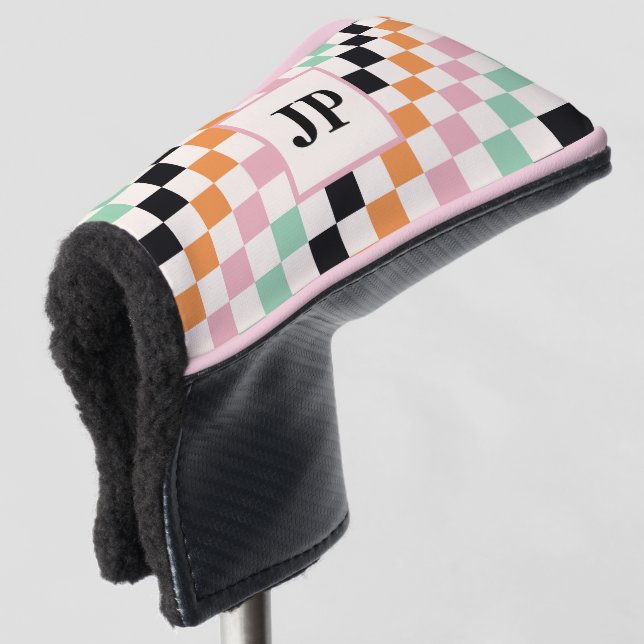 Monogram Retro Chequerboard Custom Monogrammed Golf Head Cover (3/4 Front)