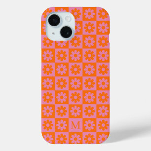 Monogram Retro Daisy Flower Chequered Pink Orange iPhone 15 Case