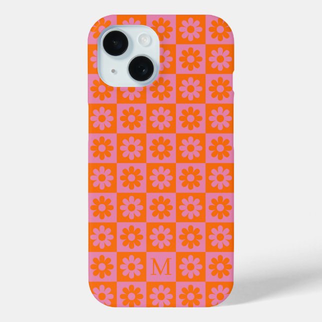 Monogram Retro Daisy Flower Chequered Pink Orange Case-Mate iPhone Case (Back)