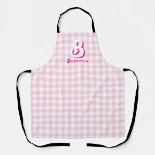 Monogram Retro Elegant Minimal Pink & White Plaid Apron