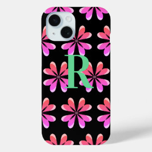 Monogram retro floral black pink iPhone 15 case