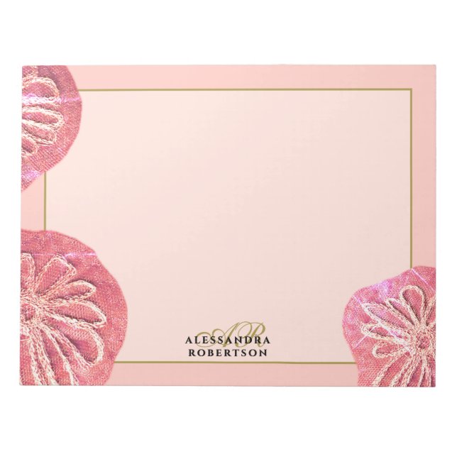 Monogram Retro Floral Blush Pink Gold Peach Chic Notepad (Front)