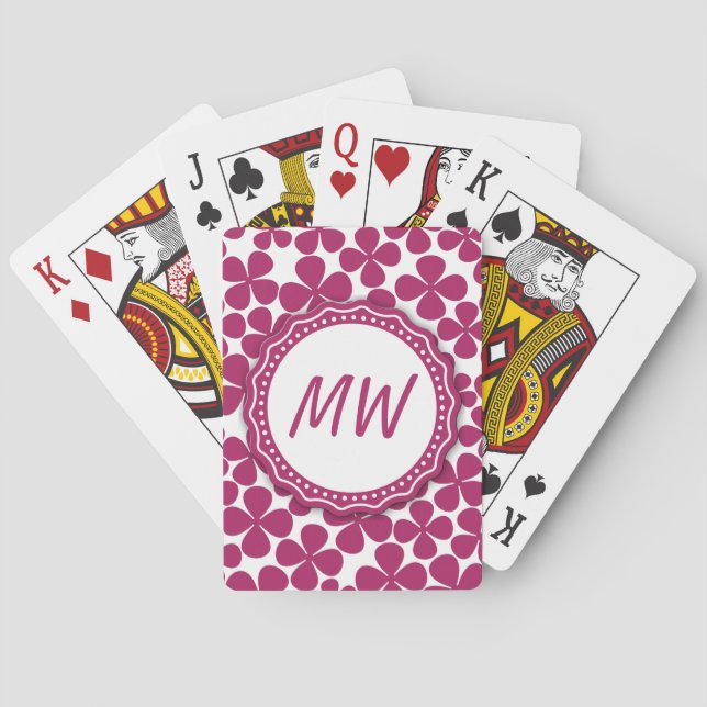 Monogram Retro Flower Pattern Acai Pink and White Playing Cards (Back)