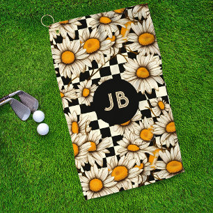 Monogram Retro Groovy Daisy Chequerboard Golf Towel