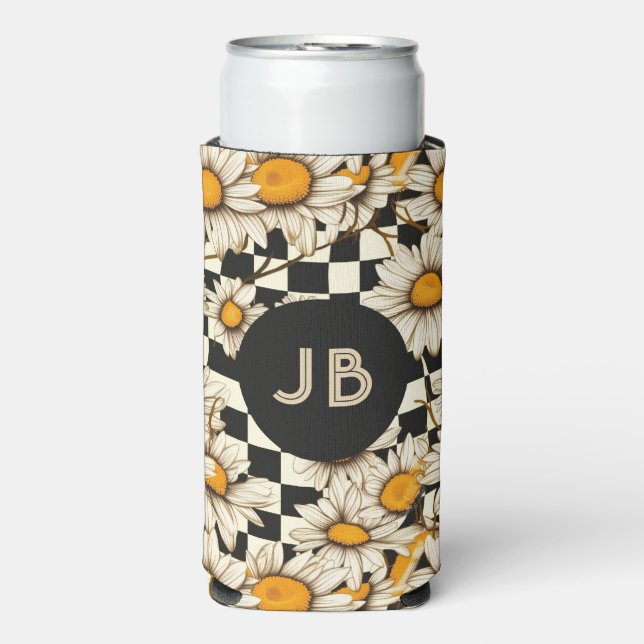 Monogram Retro Groovy Daisy Chequerboard Seltzer Can Cooler (Seltzer Front)