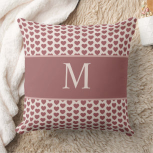 Monogram Retro Hearts Pink Burgundy Throw Pillow