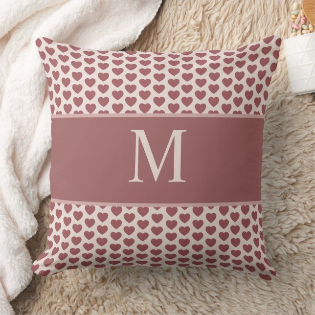 Monogram Retro Hearts Pink Burgundy Throw Pillow (Blanket)