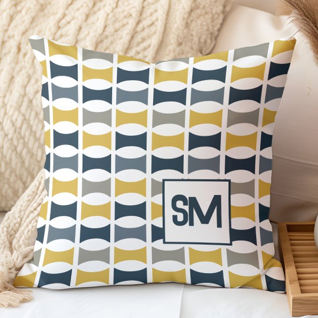 Monogram Retro Mid Century Geometric Navy, Mustard Throw Pillow (Creator Uploaded)