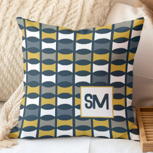 Monogram Retro Mid Century Geometric Navy, Mustard Throw Pillow