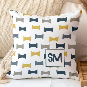 Monogram Retro Mid Century Geometric Navy Mustard Throw Pillow