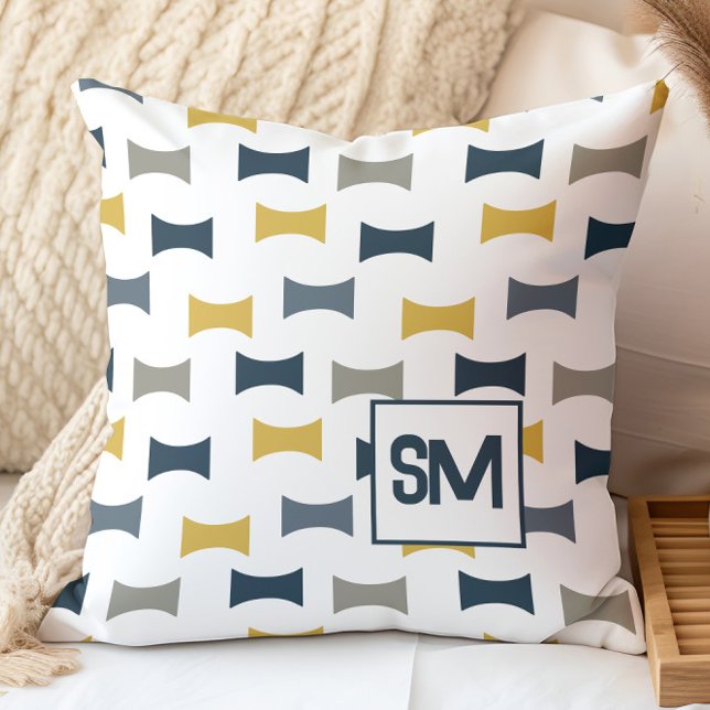 Monogram Retro Mid Century Geometric Navy Mustard Throw Pillow (Creator Uploaded)