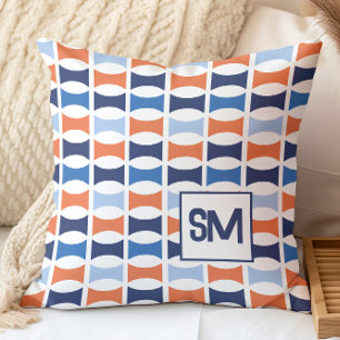 Monogram Retro Mid Century Geometric Pattern Throw Pillow
