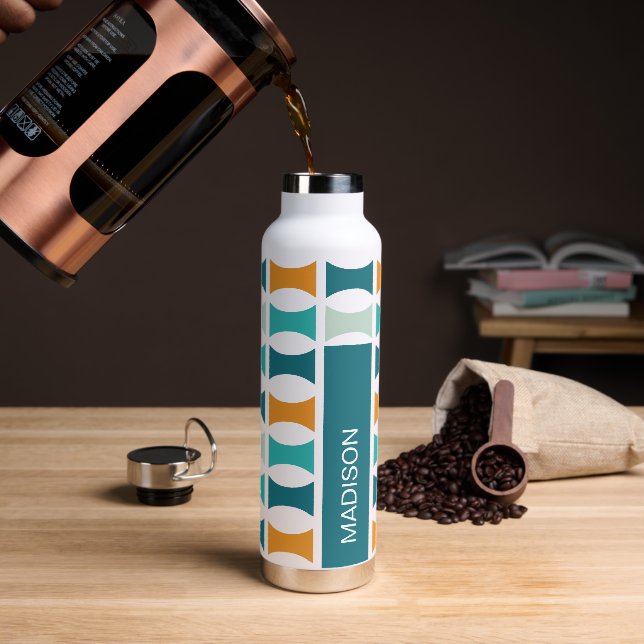 Monogram Retro Mid Century Geometric Pattern Water Bottle (Coffee)