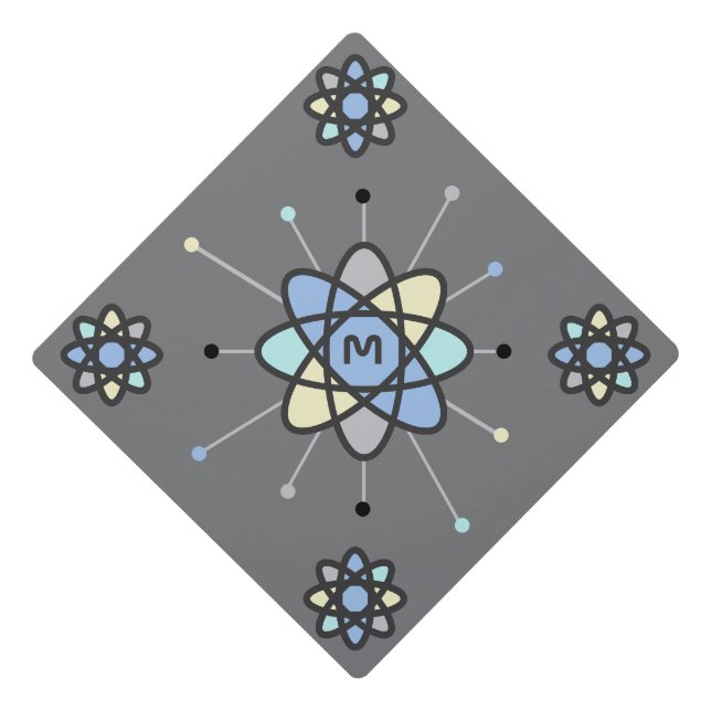 Monogram Retro Modern Mid century Atomic Model Graduation Cap Topper (Front)
