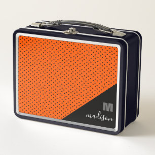 Monogram Retro Orange And Black Polka Dots Metal Lunch Box