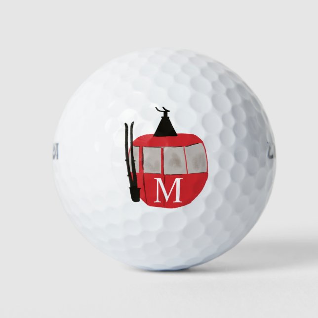 Monogram Retro Red Ski Gondola Lift Personalized Golf Balls (Front)