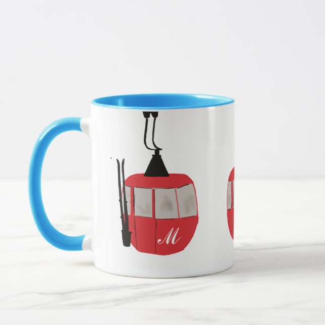 Monogram Retro Red Ski Gondola Lift Personalized Mug (Left)