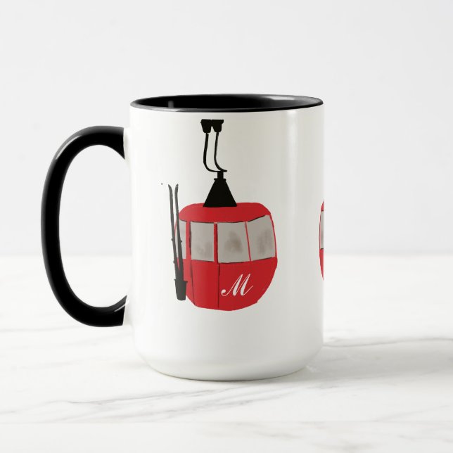 Monogram Retro Red Ski Gondola Lift Personalized Mug (Left)