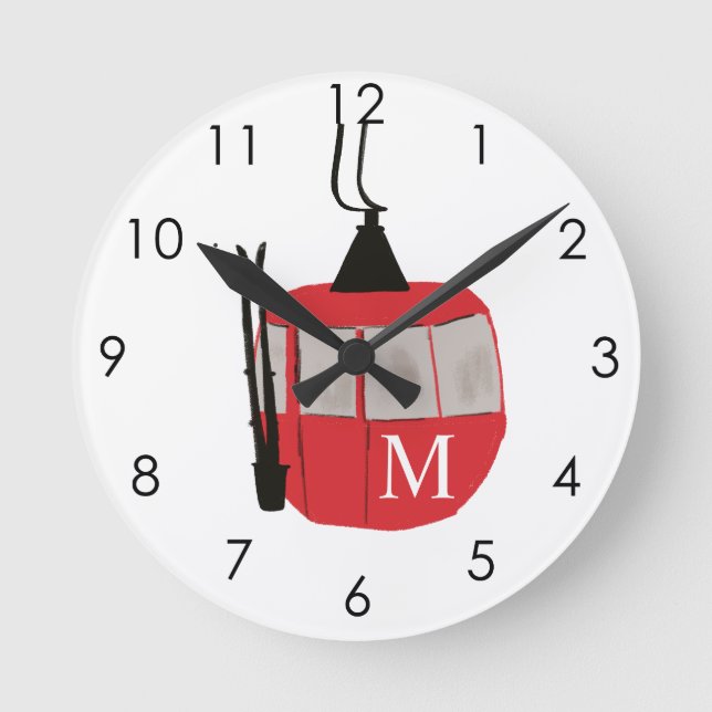 Monogram Retro Red Ski Gondola Lift Personalized Round Clock (Front)