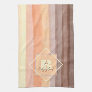 Monogram retro stripes fall yellow orange brown kitchen towel