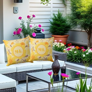 Monogram Retro Sunshine Florals-Yellow Flowers Outdoor Pillow