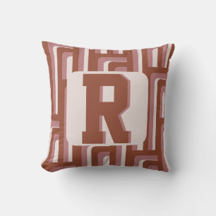 Monogram Retro Terracotta Geometric Pattern Throw Pillow