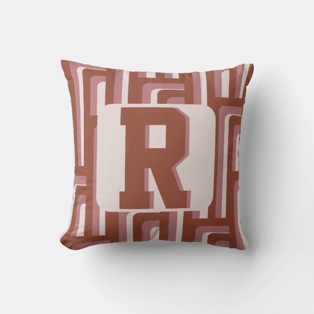 Monogram Retro Terracotta Geometric Pattern Throw Pillow (Front)