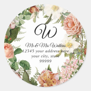 Monogram Return Address Blush Ivory Peon7 Floral Classic Round Sticker