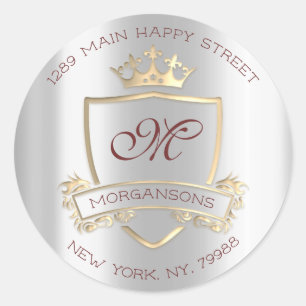 Monogram Return Address Crown Royal Gold Grey Rose Classic Round Sticker