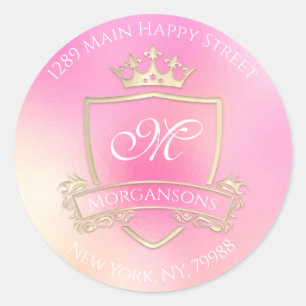 Monogram Return Address Crown Royal Holograph Pink Classic Round Sticker
