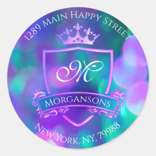 Monogram Return Address Crown Royal Pink Holograph Classic Round Sticker