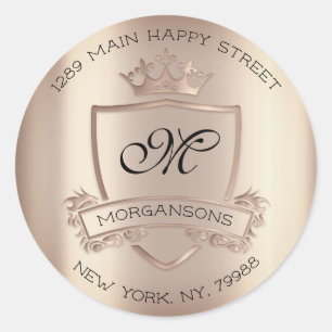 Monogram Return Address Crown Royal Rose Blush Classic Round Sticker