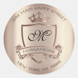 Monogram Return Address Crown Royal Rose Gold Classic Round Sticker