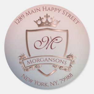 Monogram Return Address Crown Royal RSVP  Blue Ros Classic Round Sticker