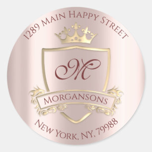 Monogram Return Address Crown Royal RSVP  Lux Rose Classic Round Sticker