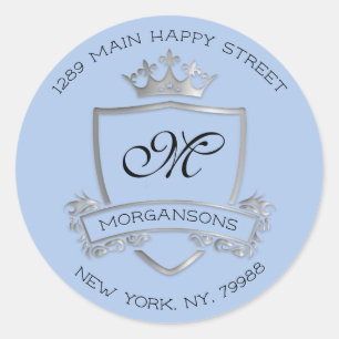 Monogram Return Address Crown Royal Silver Blue Classic Round Sticker