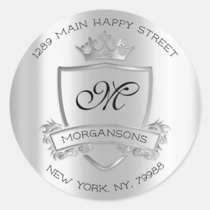 Monogram Return Address Crown Royal Silver Grey Classic Round Sticker
