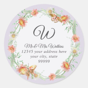 Monogram Return Address Lilac Purple Coral Floral Classic Round Sticker