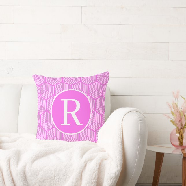 Monogram RF Classic Serif Pink Striped Cubes Throw Pillow (Couch)