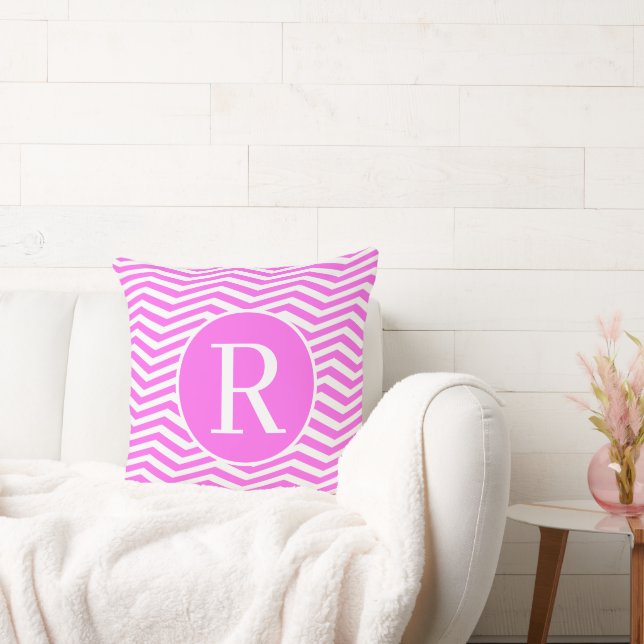 Monogram RF Classic Serif Pink Tilted Chevron Throw Pillow (Couch)