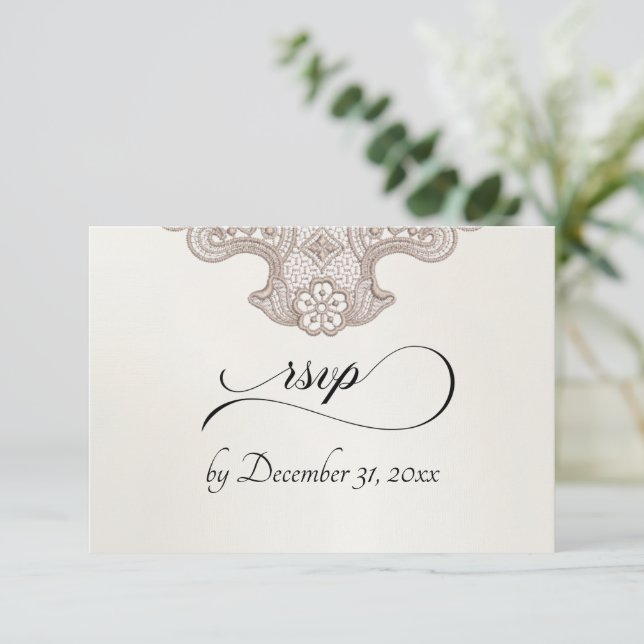 Monogram, Ribbon & Lace - Cream RSVP Card (Standing Front)