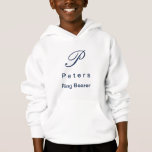 Monogram Ring Bearers Youth Boys Hoodie<br><div class="desc">This pullover hoodie is shown in a White colour with a Navy Blue colour initial in script with last name in print along with "ring bearer" in print beneath it. Plain back, customize this item with your name and initial[s] by clicking on customize button, look to right and find appropriate...</div>
