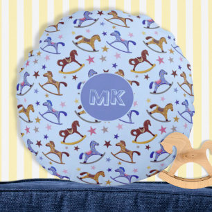 Monogram Rocking Horses and Stars Pattern Round Pillow