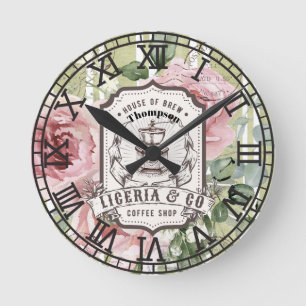 Monogram romantic floral Vintage logo rustic art Round Clock