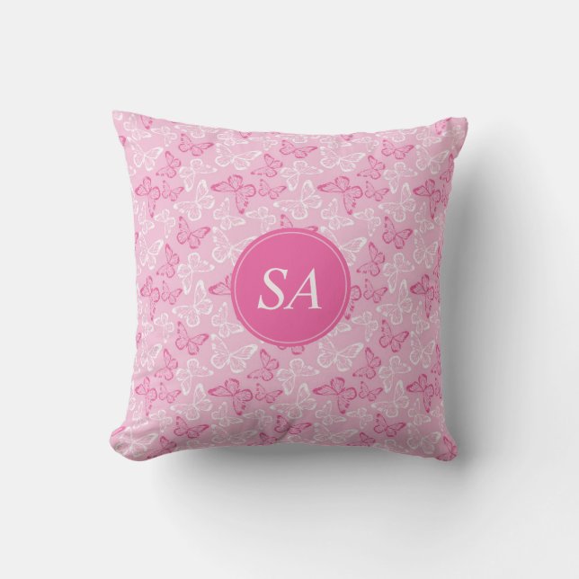 Monogram Romantic Pink and White Butterflies Throw Pillow (Front)