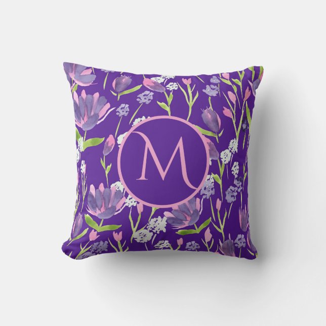 Monogram Romantic Purple Pink Feminine Floral  Throw Pillow (Front)