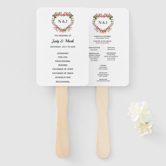 Monogram Romantic Roses Floral Heart Hand Fan (Front and Back)