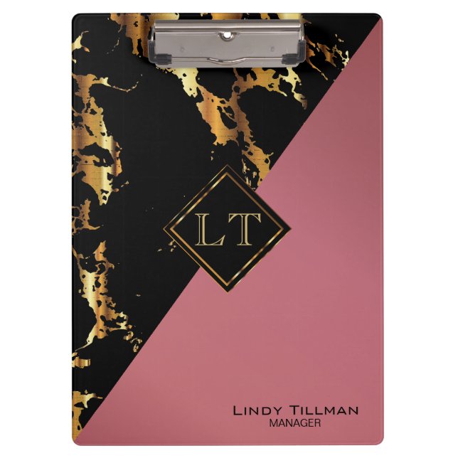 Monogram Rose, Black and Gold Marble Clipboard (Front)