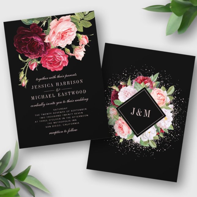 Monogram Rose Bouquet Elegant Black Wedding Invitation (Creator Uploaded)